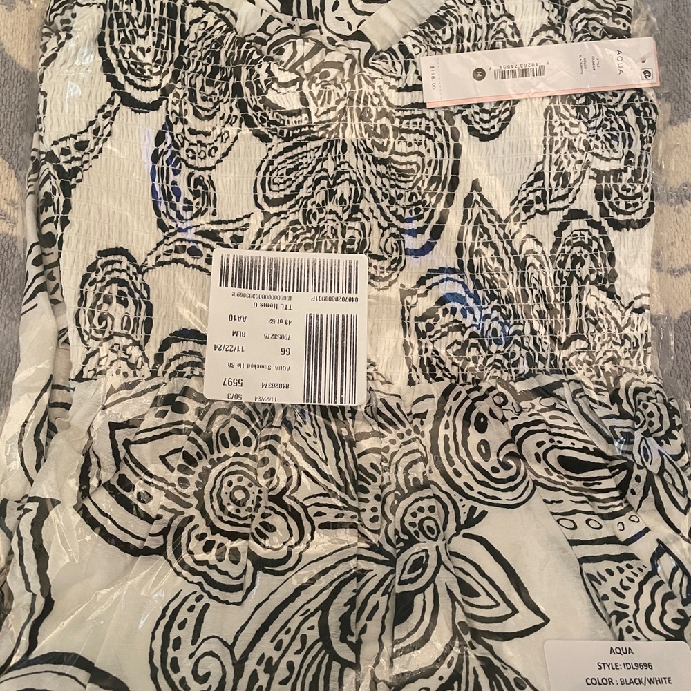 AQUA Smocked Tie Shoulder Midi Dress - Exclusive to Bloomingdale’s. B&W. M. NWT - Picture 7 of 7